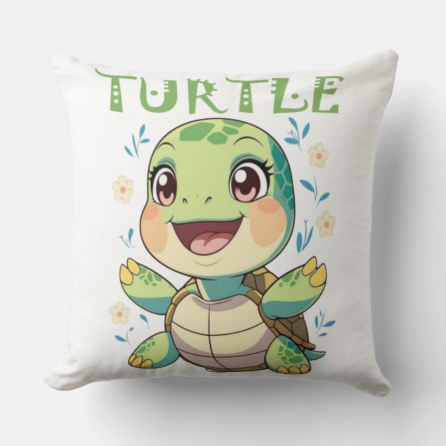 Coussin Tortue de mer joyeuse avec des fleurs pastel (Recto)