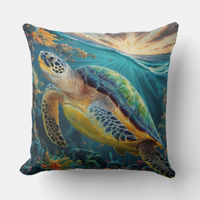 Coussin Tortue de mer plongeant dans la mer (Recto)