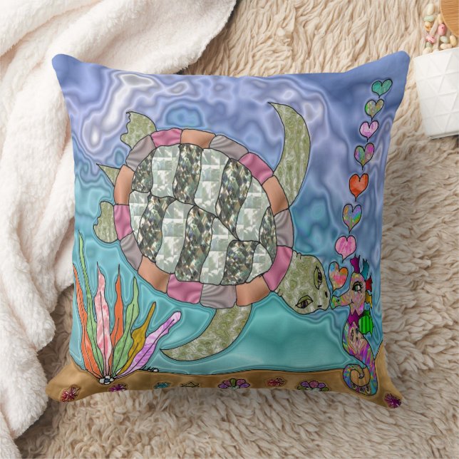 Coussin Tortue de mer psychédélique Baiser de hippocampe (Couverture)