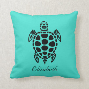 Coussin Tortue de Mer Tribale Turquoise Personnalisée