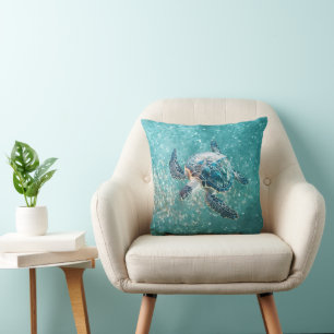 Coussin Tortue de mer turquoise scintillante   Côté mer