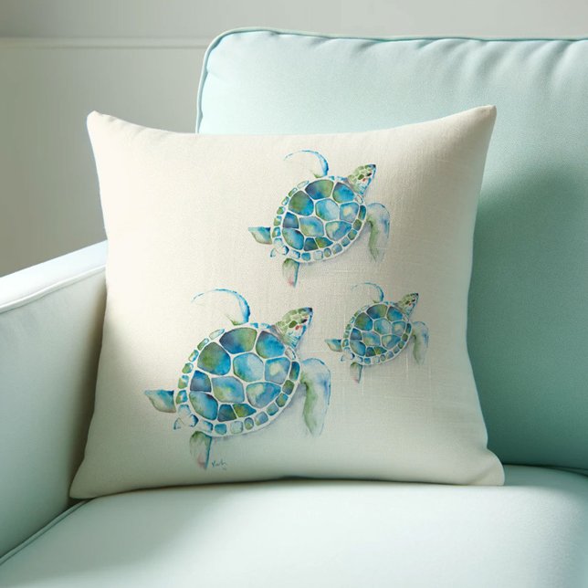 Coussin Tortue de mer turquoise tropicale aquarelle (Sea turtle throw pillows gift idea for her watercolor art by Victoria Grigaliunas Do Tell A Belle)
