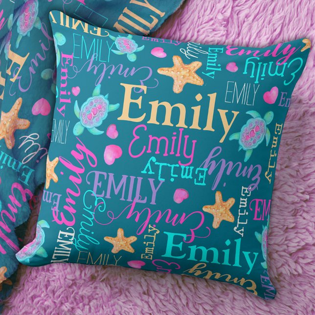Coussin Tortue, étoile de mer et nom de coeur à motif (Créateur téléchargé)