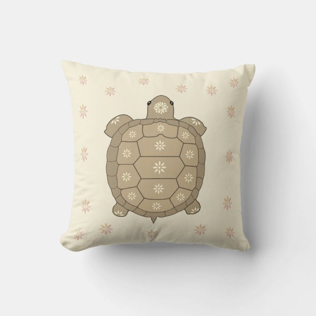 Coussin Tortue marron Art & Fleurs sur beige Champagne (Recto)