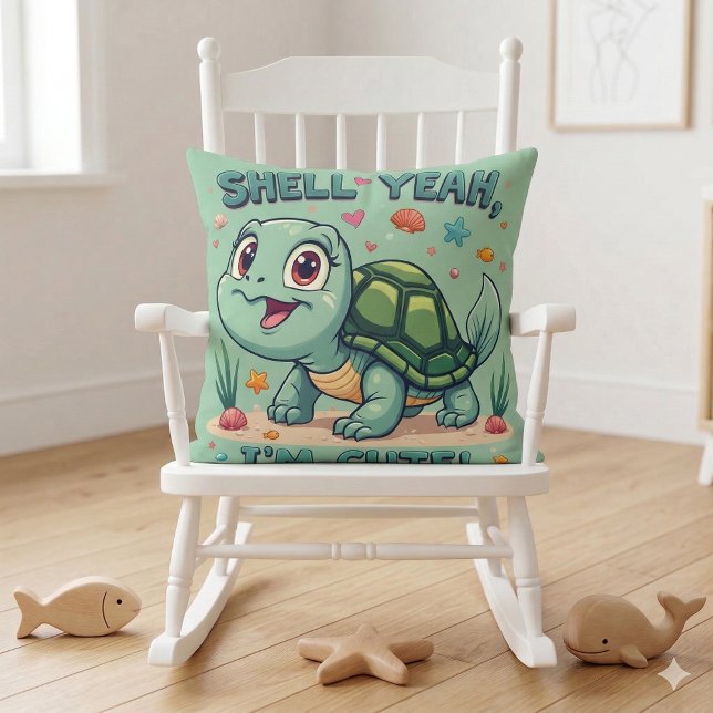 Coussin Tortue Mignonne Kawaii avec un Jeu de Mots Drôle O (Cute Kawaii Turtle with Funny Pun Ocean Aesthetic Throw Pillow Mockup A)