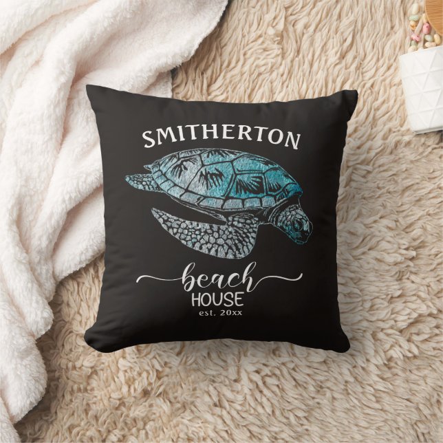 Coussin Tortue Noir Turquoise Maison de Plage Nom de Famil (Couverture)
