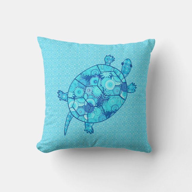 Coussin Tortue tourbée fractale - cobalt et bleu turquoise (Recto)