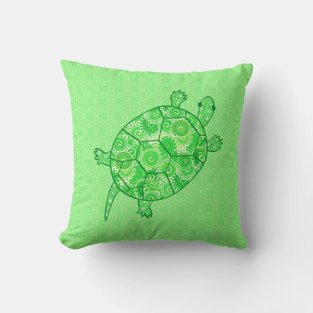 Coussin Tortue tourbillon fractale - vert citron et vert é (Recto)
