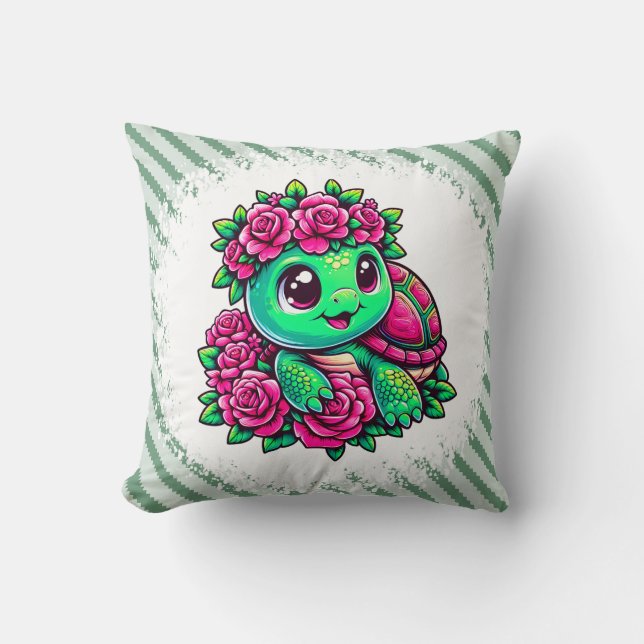 Coussin Tortue verte heureuse avec des roses roses (Recto)