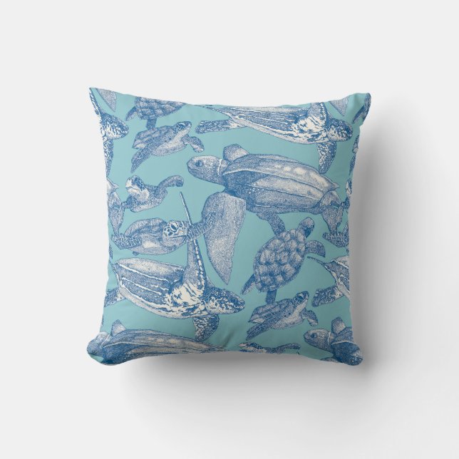 Coussin tortues de mer bleu cobalt ciel (Recto)
