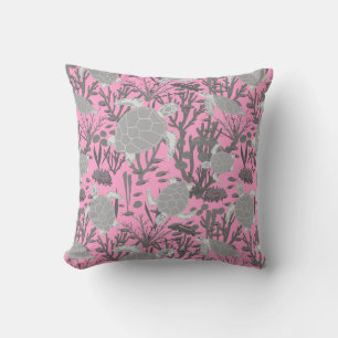 Coussin Tortues de mer mignonnes sur rose et gris