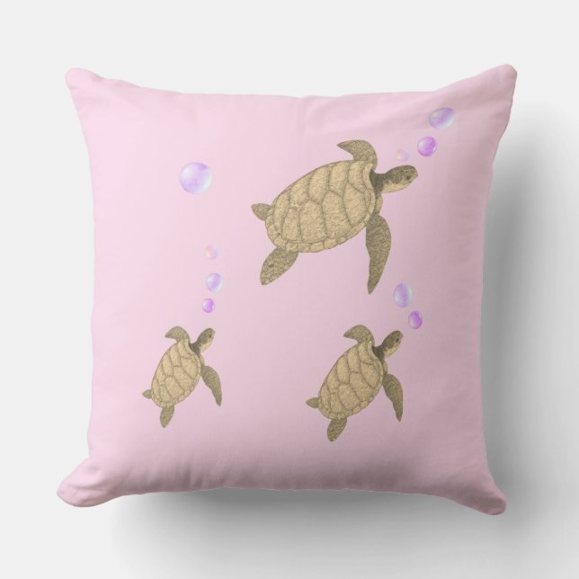 Coussin Tortues de mer nageant sur or rose (Recto)