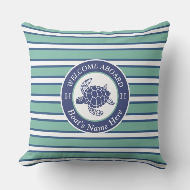 Coussin Tortues de mer turquoises bleues et blanches rayée (Recto)