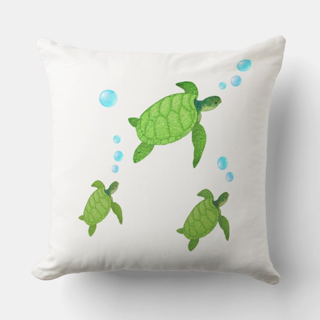Coussin Tortues de mer vertes nageant sur fond blanc (Recto)