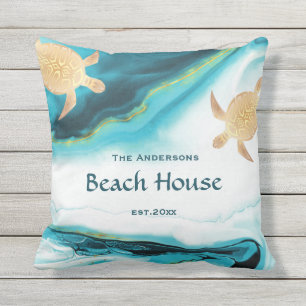Coussin  Tortues d'or Turquoise Encre blanche Nom de famil