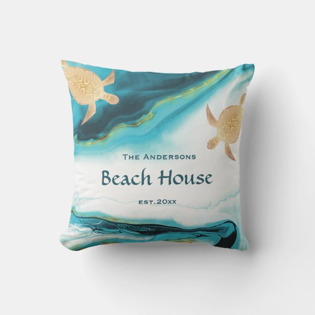 Coussin Tortues dorées Nom de famille encre sarcelle blanc (Recto)