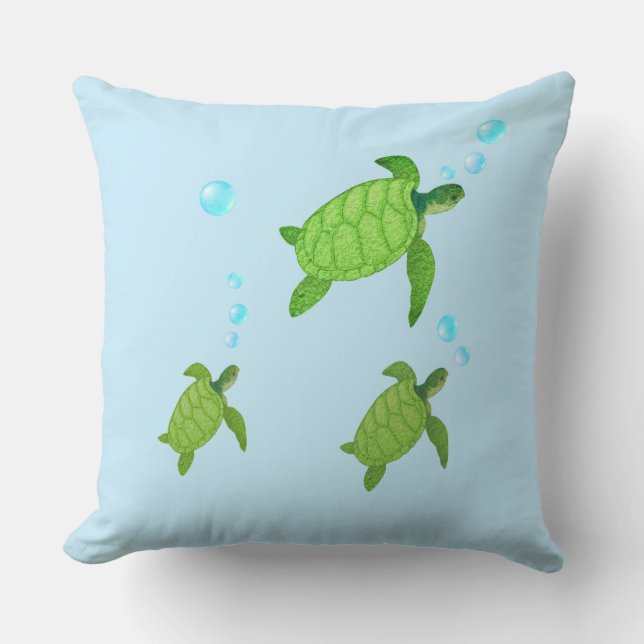 Coussin Tortues marines vertes nageant sur turquoise (Recto)