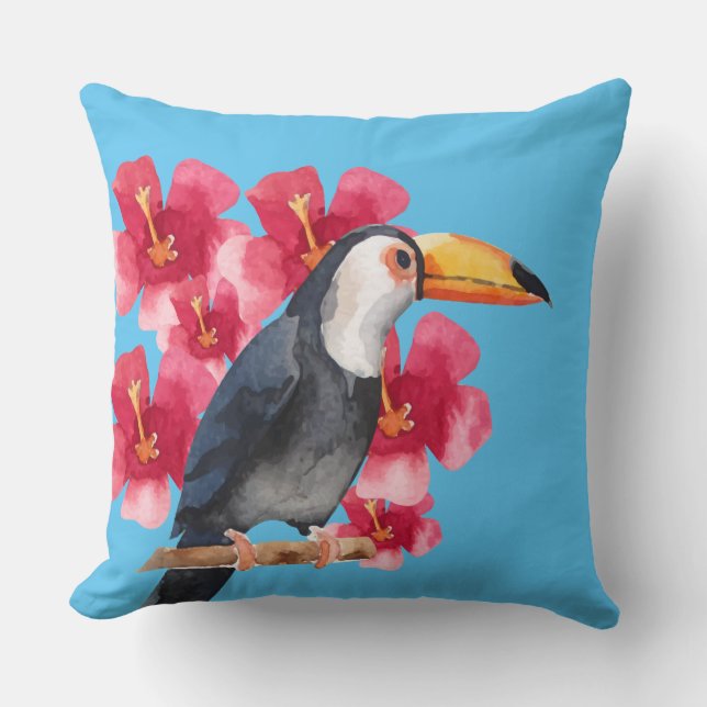 Coussin Toucan avec les fleurs tropicales rouges (Recto)