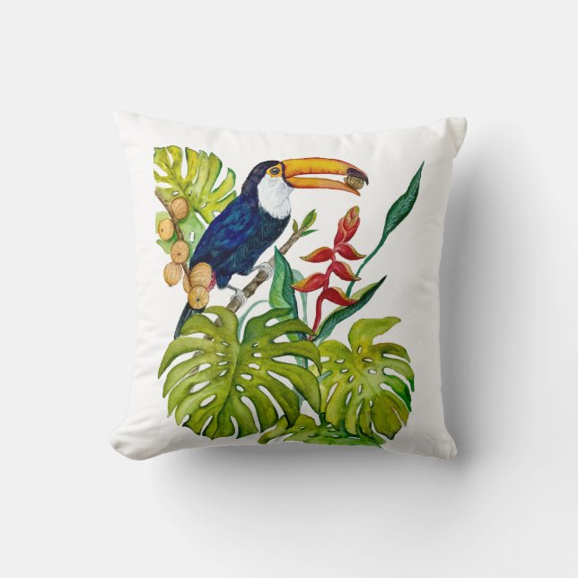 Coussin Toucan Coloré Aquarelle Oiseau Tropical (Recto)