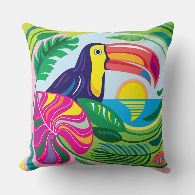 Coussin Toucan et feuilles tropicales (Recto)