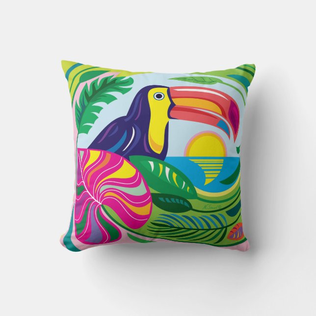Coussin Toucan et feuilles tropicales (Recto)