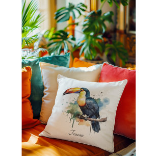 Coussin Toucan sur branche, art à l'aquarelle, personnalis