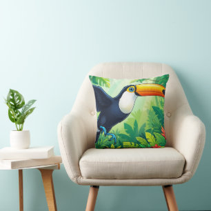 Coussin Toucan Toco Tropical en Vol au-dessus des Fleurs d