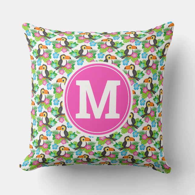 Coussin Toucan Tropical et Motif Floral d'Été (Recto)