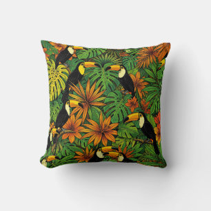 Coussin Toucans Colorés Feuilles de Jungle Tropicale Hibis