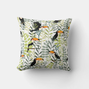 Coussin Toucans en feuilles verts et branches sans soudure