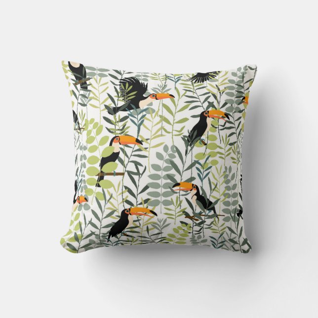 Coussin Toucans en feuilles verts et branches sans soudure (Recto)