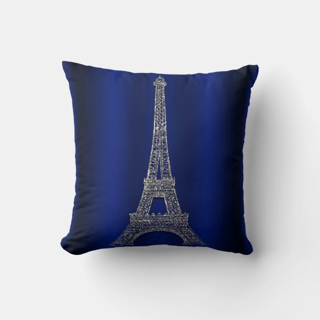 Coussin Tour Eiffel Argent et Bleu Royal, Glamour Moderne  (Recto)