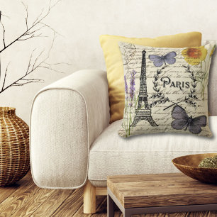 Coussin tour eiffel de paris, papillon rustique vintage