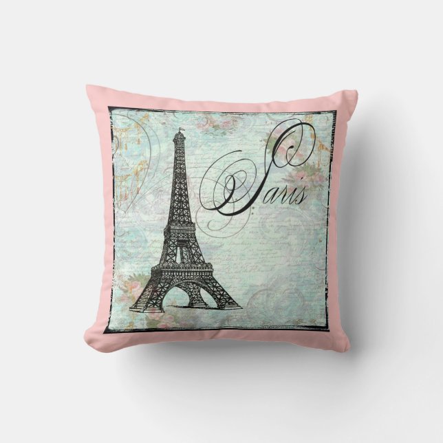 Coussin Tour Eiffel et roses roses (Recto)