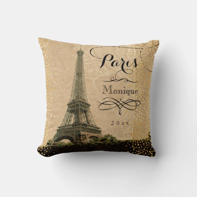 Coussin Tour Eiffel Paris Beige Faux Gold Monogramme Nom (Recto)