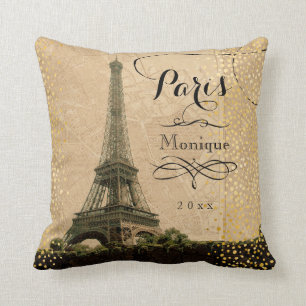 Coussin Tour Eiffel Paris Beige Faux Gold Monogramme Nom