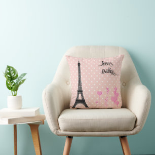 Coussin Tour Eiffel, Paris, Coeurs, Pois, Rose