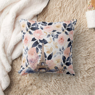 Coussin Tour Eiffel Paris Fleurs Feuilles Bleu Rose