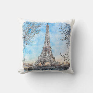 Coussin Tour Eiffel Paris France Aquarelle Tirée À La Main