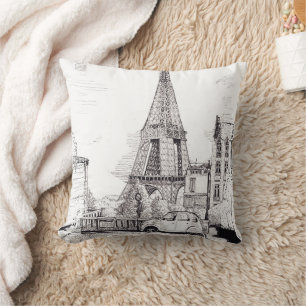 Coussin Tour Eiffel Paris France Illustration en encre de 