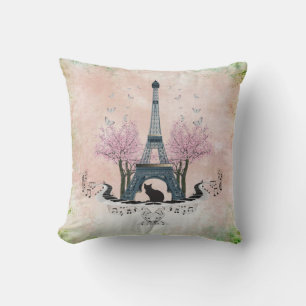 Coussin Tour Eiffel Parisienne Chat Et Fleurs De Cerisiers