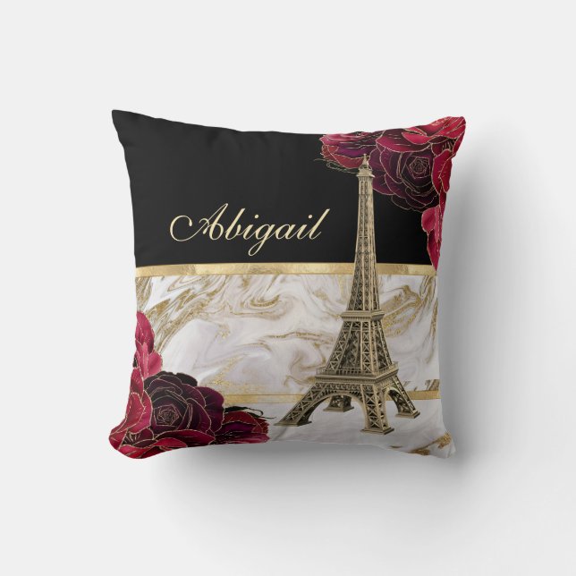 Coussin Tour Eiffel personnalisée Or, Rose en marbre noir (Recto)