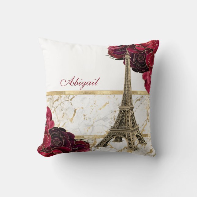 Coussin Tour Eiffel personnalisée Or, Rose Marbre blanc (Recto)