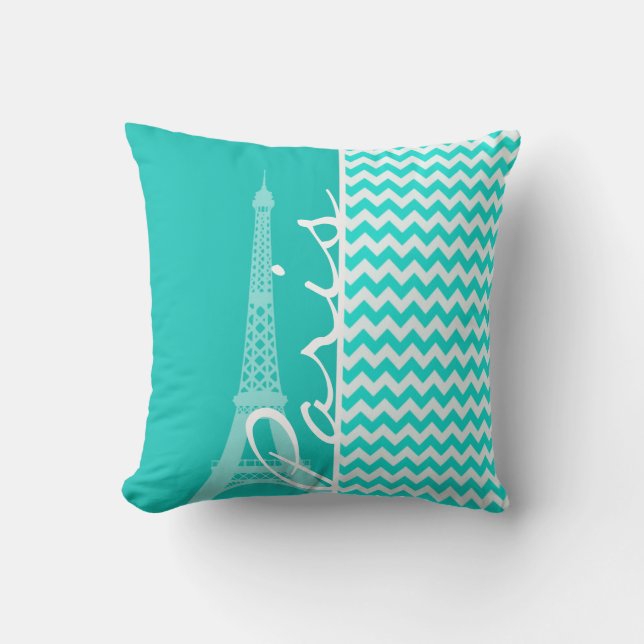 Coussin Tour Eiffel sur Aqua Color Chevron (Recto)