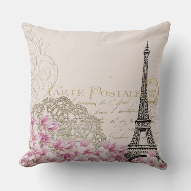 Coussin Tour Eiffel vintage Paris & Floral rose (Recto)