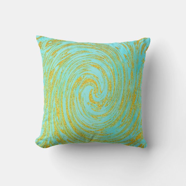Coussin Tourbillon Abstrait Bleu Vert Turquoise Or Paillet (Recto)