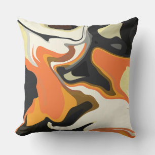 Coussin Tourbillon abstrait en orange, noir et blanc