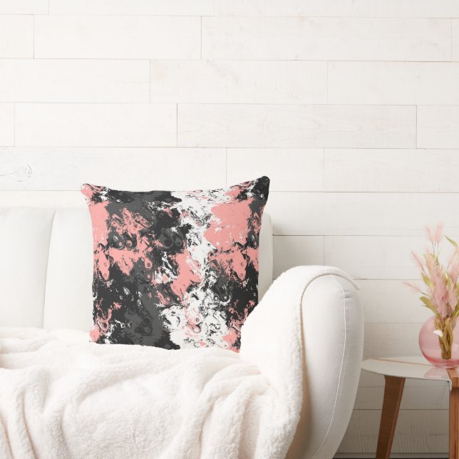 Coussin Tourbillon rose, charbon de bois et blanc abstrait (Canapé)