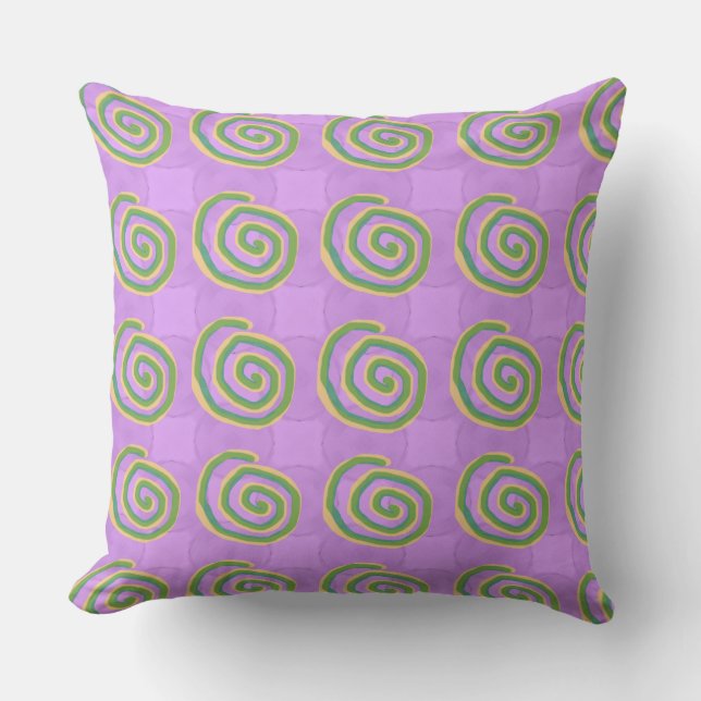 Coussin Tourbillon vert et jaune sur fond lilas (Recto)