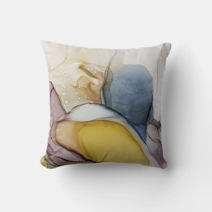 Coussin Tourbillons d'encre d'alcool, teinte jaune, abstra